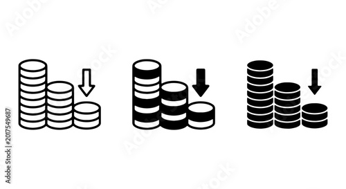 Tableau sur toile Financial Decline Icons, Stacked Coins Falling, Economic Downturn Vector Graphic