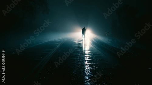 Car Headlights Flickering on Foggy Night Road, Slow Motion, Dark Moody Atmosphere