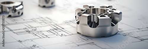 Precision machined metal components displayed atop detailed engineering blueprints showcasing industrial design and manufacturing
