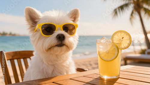 Stylish white dog in yellow sunglasses relaxing with cold lemonade on tropical beach during sunny summer vacation day