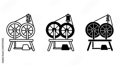 Foto Spinning Wheel Icons, Vintage Textile Machine Vector Set, Crafting Equipment Gra