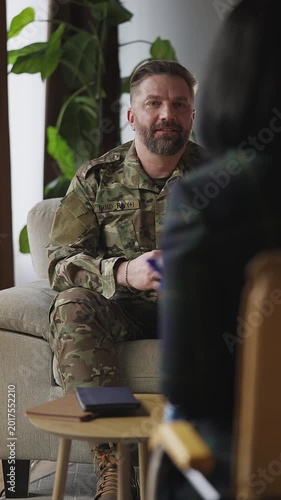 Happy man military sharing positive therapy results with psychologist, recovery