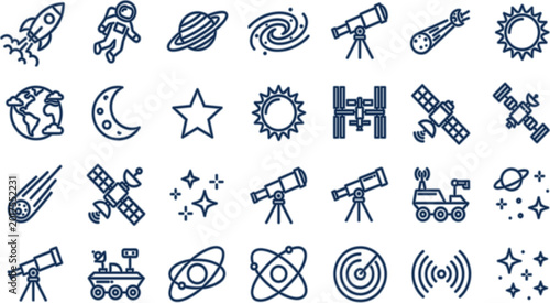 Konstfotografi Space and Astronomy Outline Icons Set Featuring Rocket Astronaut Satellite Teles