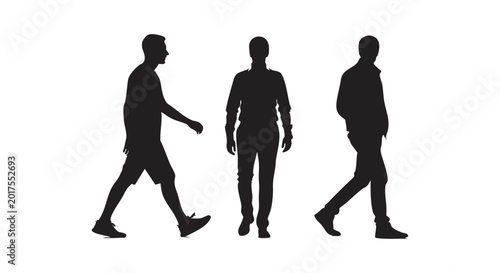 Three black silhouettes of men walking and standing, diverse poses and casual outfits, human figures for design.