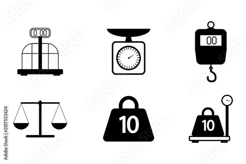 Fotografía Set of black weighing scale glyph icons