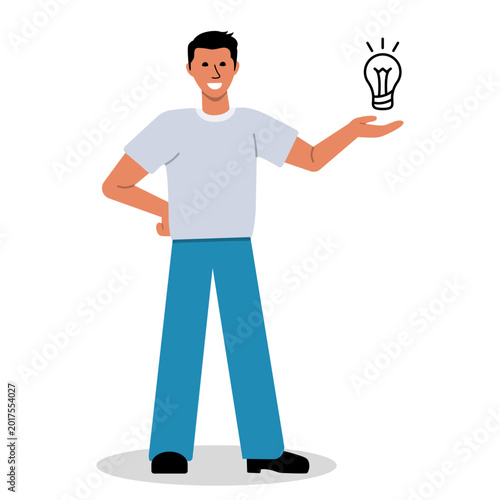 Smiling young man presenting a great idea with a light bulb above his palm, representing insight, discovery and solution.