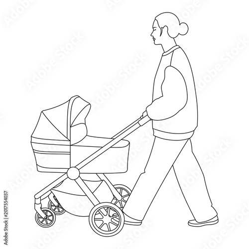 Young woman mother pushing a baby stroller in a minimalist outline style. Simple black and white illustration depicting parenthood, walking and daily routine.