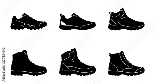Outdoor Footwear Icons: Hiking Boots, Trail Shoes, Walking Sneakers, Black Vector Set