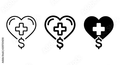Healthcare Icons Set: Heart, Plus Sign, Dollar Symbol, Vector Graphics