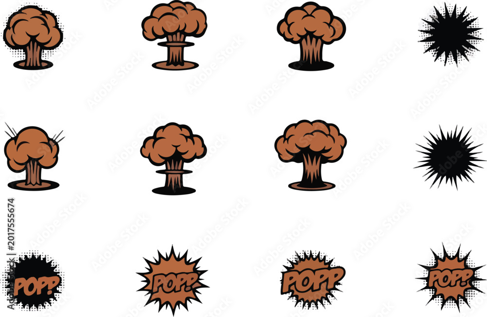 Fototapeta premium Twelve cartoon graphic icons of mushroom clouds and explosion bursts