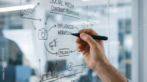 A person's hand writing a social media content planning and influencer workflow diagram on a clear glass board in an office setting.