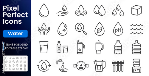 Water, hydration, line icons set. Smart bottle, reusable tumbler, filtration system, pH test, eco drops flat minimal vector illustrations. Simple outline signs. 48x48 Pixel Perfect. Editable Stroke.