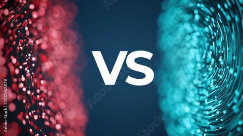 Abstract versus concept with red and blue digital glowing particle waves facing each other on dark background for competition conflict or comparison visualization