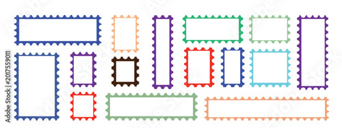 Foto Collation of different colorful postage stamp Edge, Hearts, polegon, circle Vector