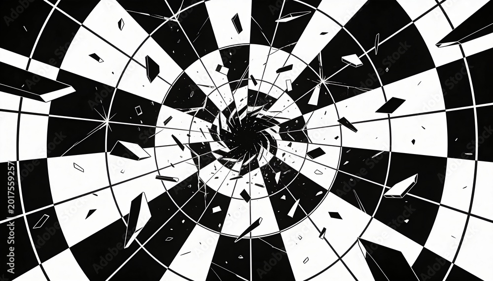 Fototapeta premium Displaying concentric target grid in abstract plane with black-white wedges, vortex, cracks, shards