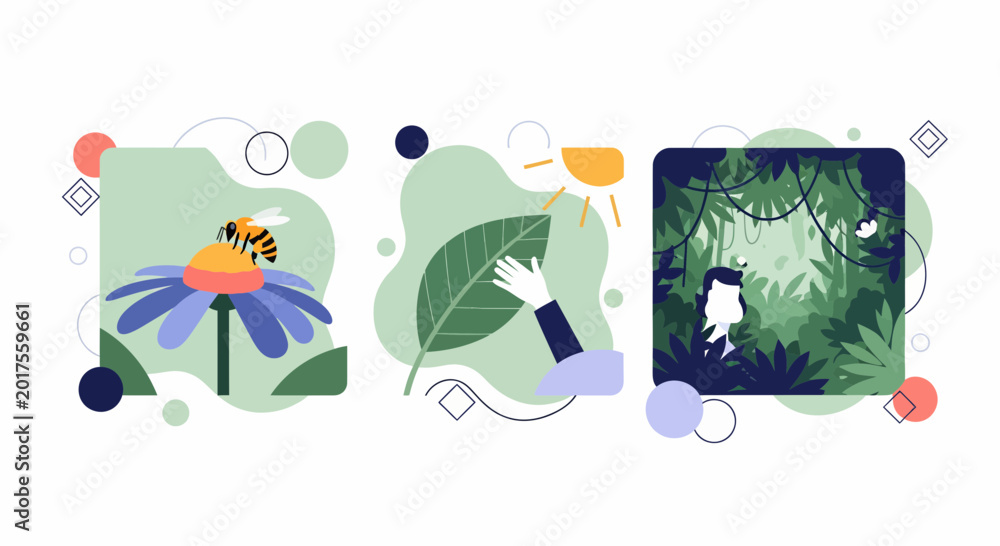 Naklejka premium A Bee On Flower And Hand On Leaf In Sun And Man In Forest Map Art