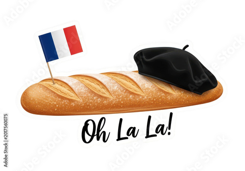A baguette with a french flag and beret on a transparent background