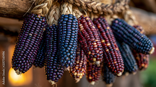 Indigenous corn varieties in deep purple, blue, and speckled red arranged in braided bundles hanging from a wooden rafter, golden hour light through a barn door, perfect for indigenous food revival,