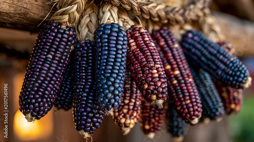 Fototapeta na wymiar Indigenous corn varieties in deep purple, blue, and speckled red arranged in braided bundles hanging from a wooden rafter, golden hour light through a barn door, perfect for indigenous food revival,