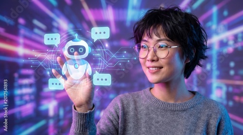 Young woman interacting with artificial intelligence chatbot interface in futuristic digital environment with glowing neon light effects and advanced technology data representation