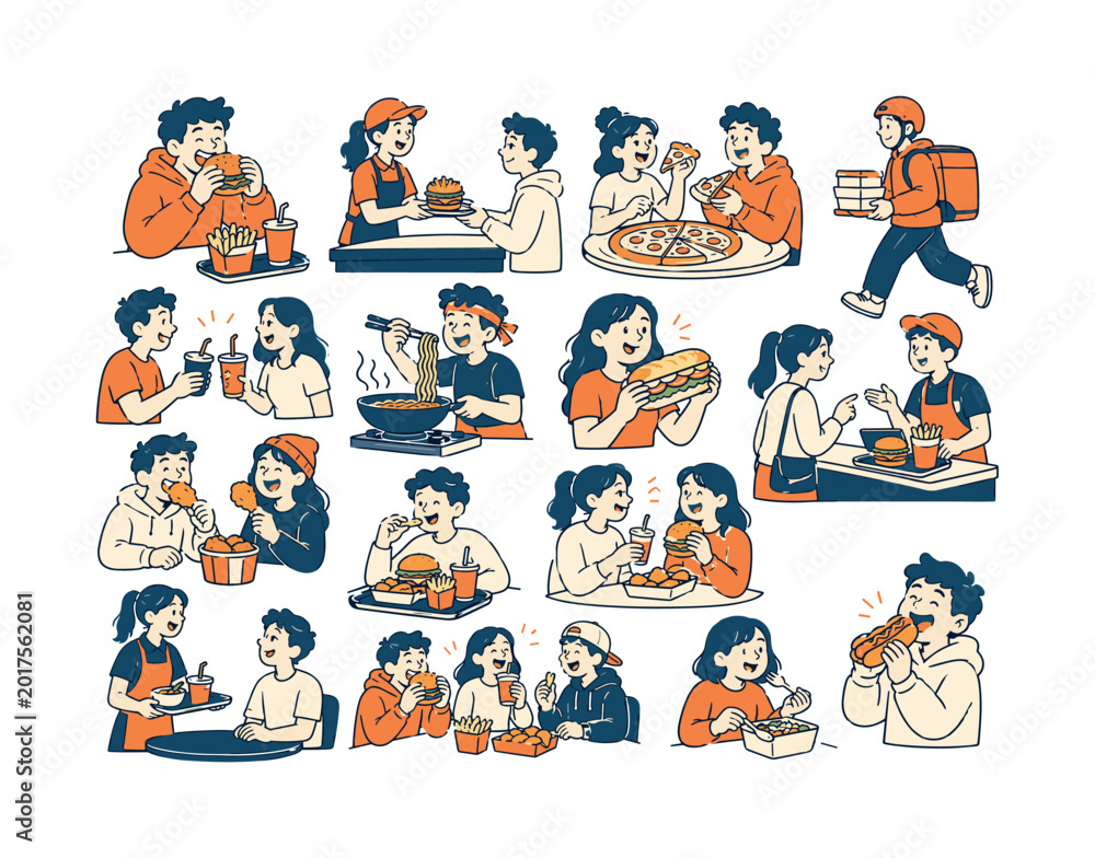 Fototapeta premium Restaurant and fast food line icons collection. Big UI icon set in a flat design. Thin outline icons pack. Vector illustration EPS10 flat vector digital illustration, doodle flat, thick outline,