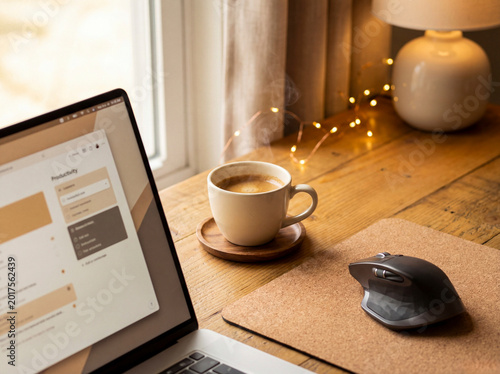 Cozy work from home setup with laptop and espresso