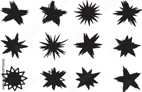 Foto Collection of twelve black starburst shapes with jagged edges, resembling a dist