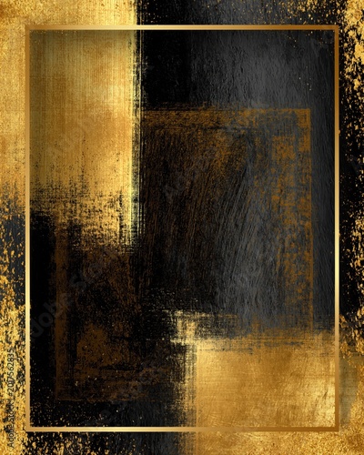 Abstract textured brushstrokes in gold and black hues with a golden frame