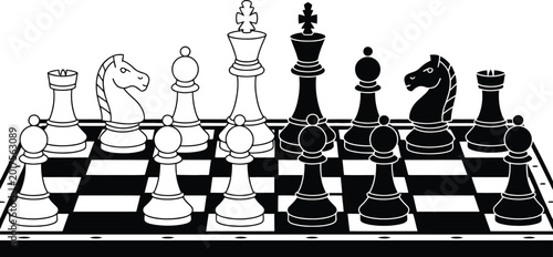 Foto Chess board battle illustration set, generic black and white strategic game elements for competition and mind sport design