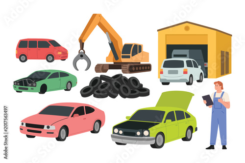 Tableau sur toile Car dump icons set, generic damaged vehicles rusty automobiles scrap metal and recycling elements for industrial and environmental design