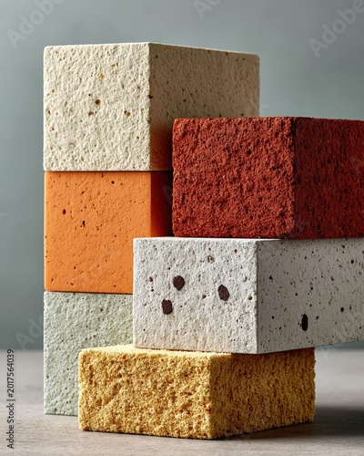 Stack of colorful rectangular bricks with textured porous surfaces in a studio setting