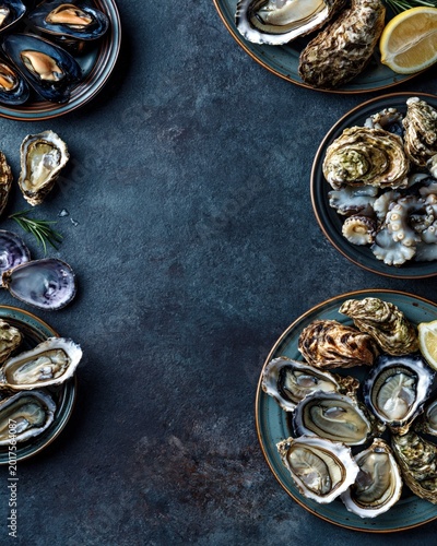 Assortment of fresh oysters mussels and octopus presented on dark textured surface