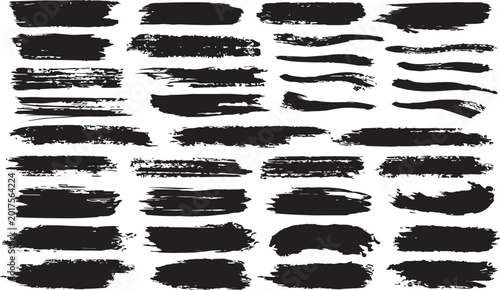 Large Set of Grungy Black Ink Paint Brush Strokes and Distressed Hand Drawn Textures Isolated on White