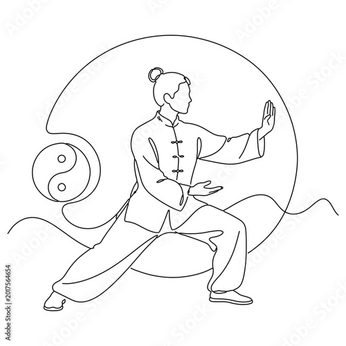 Continuous one line drawing of a Tai Chi practitioner