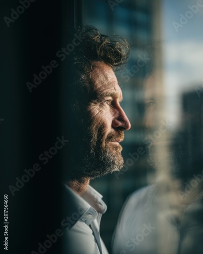 Mature man reflecting by city window looking away