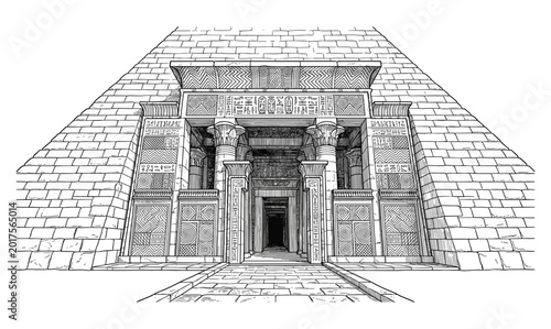 Grand entrance to ancient Egyptian pyramid with ornate carvings and columns.