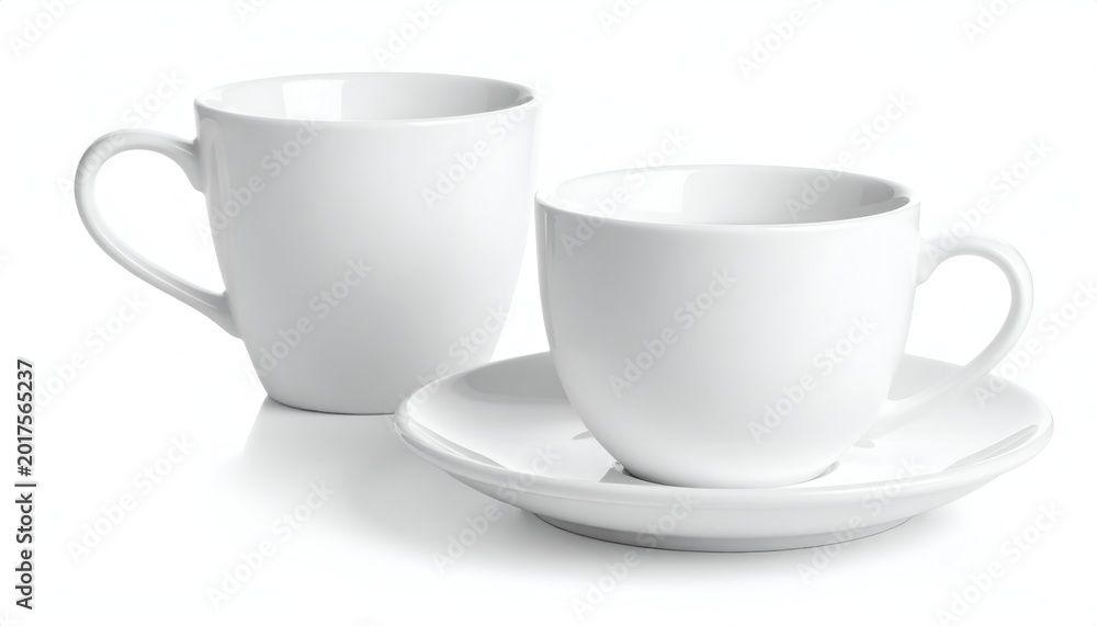 Fototapeta premium Two simple white ceramic mugs, one with saucer, on a bright white background