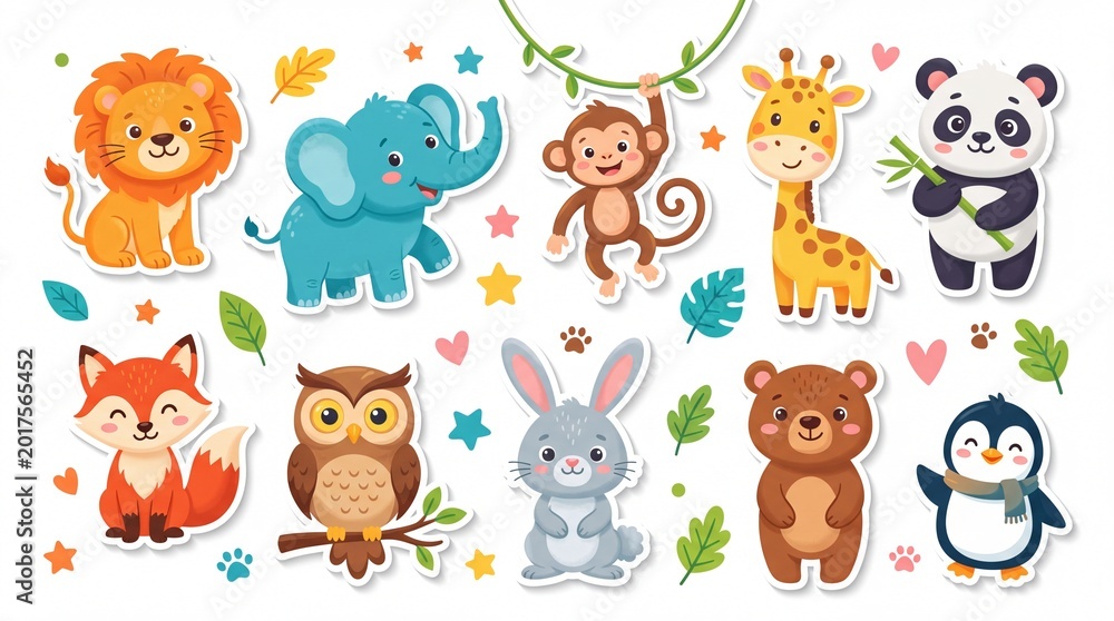 Obraz premium Cartoon animals holding leaves and branches in colorful background