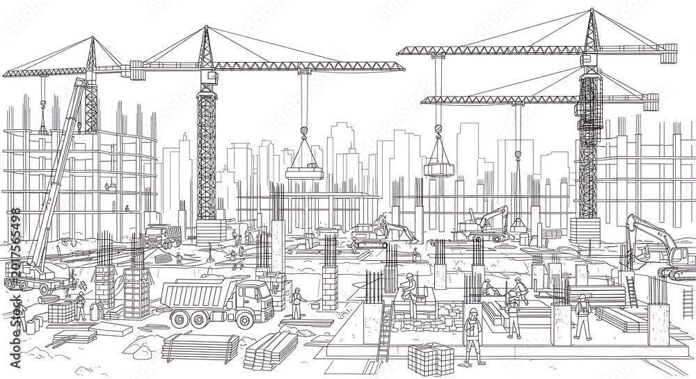 Fototapeta premium Construction Site with Cranes and Buildings.