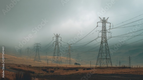 Power lines stretching across a foggy rural landscape