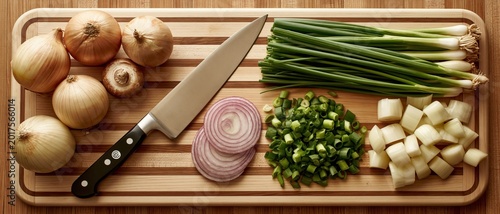 Freshly prepared onions and green onions on a cutting board with a knife
