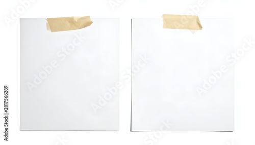 Two blank white sheets of paper taped at the top, isolated on white