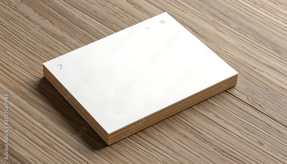 Fototapeta premium Square white notepad stack on a diagonally lined, textured wooden surface