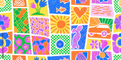 colorful patchwork pattern with floral geometric and abstract shapes