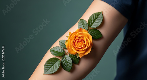 Arm adorned with a vibrant orange rose and green leaves  