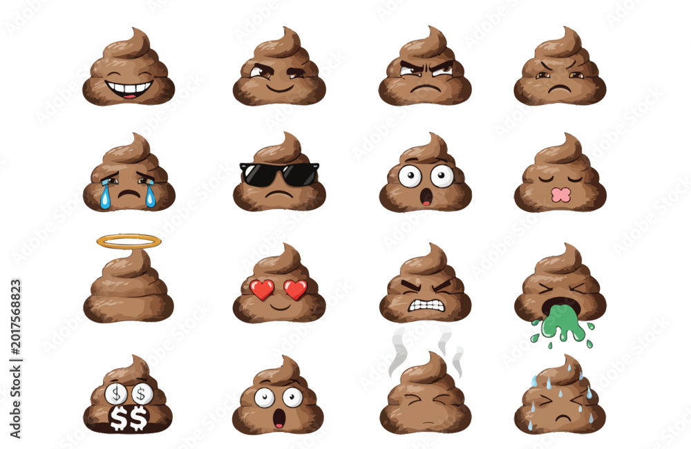 Fototapeta premium Playful Poop Emoji Sticker Set Showing 16 Funny Emotions and Expressions for Messaging
