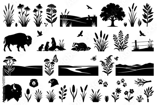Silhouette wildlife and nature landscape elements with animals and plants.