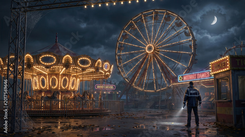 Nighttime carnival scene with illuminated rides and cloudy sky  