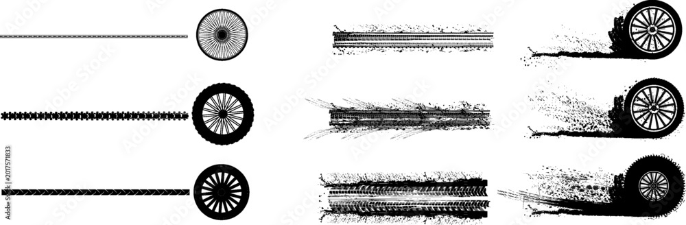 Obraz premium Vector set of various tire tracks, wheel prints, and grunge ink splatters on white background