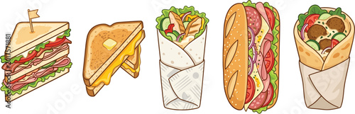 Photos Set of fresh sandwiches and wraps including club sandwich grilled cheese chicken